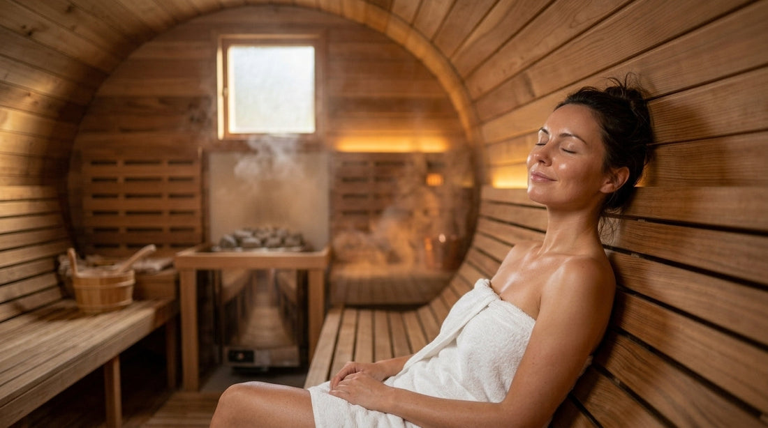 Woman relaxing inside a warm timber barrel sauna experiencing the health benefits of heat therapy.